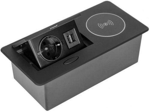Розетка встраеваемая полуавтоматическая Sete 1-м.+беспроводная зарядка+2xUSB 210х108х72мм черный фото Розетка встраеваемая полуавтоматическая Sete 1-м.+беспроводная зарядка+2xUSB 210х108х72мм черный картинка